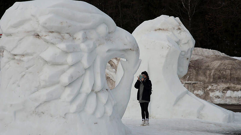 Die Skulptur "Adler" von Flavio Prinoth und Pierluigi Orler aus Italien wird von einer Besucherin abgelichtet.