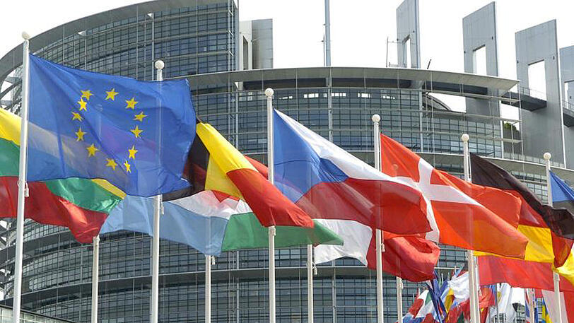Die Flaggen der Mitgliedsländer der Europäischen Union wehen vor dem Europa-Parlament in Straßburg im Wind.