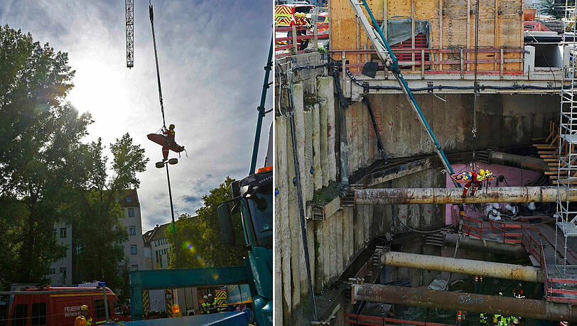 Mit Hilfe eines Krans und der Höhenrettung der Feuerwehr wurde der Arbeiter aus der Baugrube gerettet. Mit Hilfe eines Krans und der Höhenrettung der Feuerwehr wurde der Arbeiter aus der Baugrube gerettet.