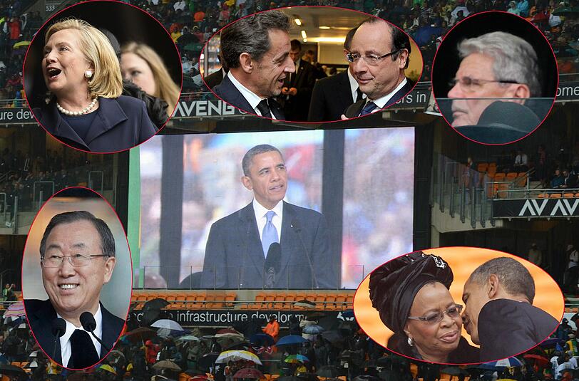 UN-Generalsekretär Ban Ki Moon, Hillary Clinton, Nicolas Sarkozy und Francoise Hollande, Joachim Gauck und Barack Obama (von links unten im Uhrzeigersinn) - Politiker aus aller Welt waren am Dienstag in Johannesburg, um von Nelson Mandela Abschied zu nehmen.