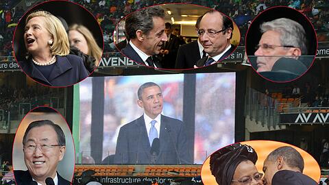 UN-Generalsekretär Ban Ki Moon, Hillary Clinton, Nicolas Sarkozy und Francoise Hollande, Joachim Gauck und Barack Obama (von links unten im Uhrzeigersinn) - Politiker aus aller Welt waren am Dienstag in Johannesburg, um von Nelson Mandela Abschied zu nehmen.
