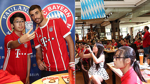 Bayern-Star Javi Martínez feiert mit den Fans im Paulaner Bräuhaus in Shanghai.
