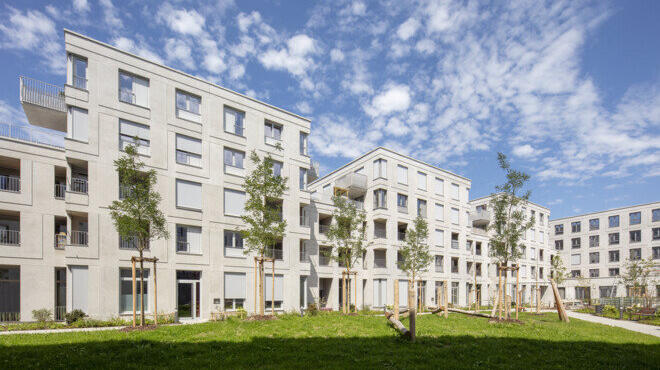 Vista del patio interior del nuevo proyecto de construcción MK6 de GWG en Radlkofer, esquina con Pfeuferstraße en Sendling.