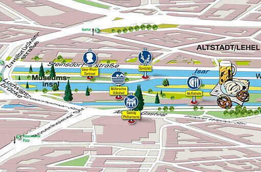 Ludwigsbrücke: Philharmonie, Bücherei, Kinos, Schwimmbad, Konzerthalle, Biergarten: An der Ludwigsbrücke werden (fast) alle kulturellen du sportlichen Bedürfnisse befriedigt.