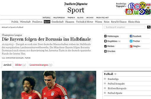 Die "FAZ" bejubelt ein Champions-League-Halbfinale mit zwei deutschen Teams - das gab es noch nie.