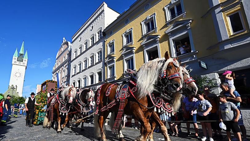 Eine traditionelle Pferdekutsche ist in Straubing in der Innenstadt unterwegs.