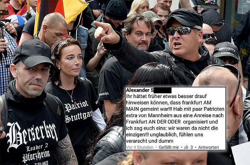Etwa 250 Islamgegnern, Nationalisten und Hooligans protestierten am 20.06.2015 in Frankfurt/Main. Andere waren versehentlich nach Frankfurt/Oder gefahren.