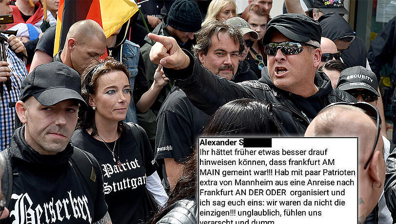 Etwa 250 Islamgegnern, Nationalisten und Hooligans protestierten am 20.06.2015 in Frankfurt/Main. Andere waren versehentlich nach Frankfurt/Oder gefahren.