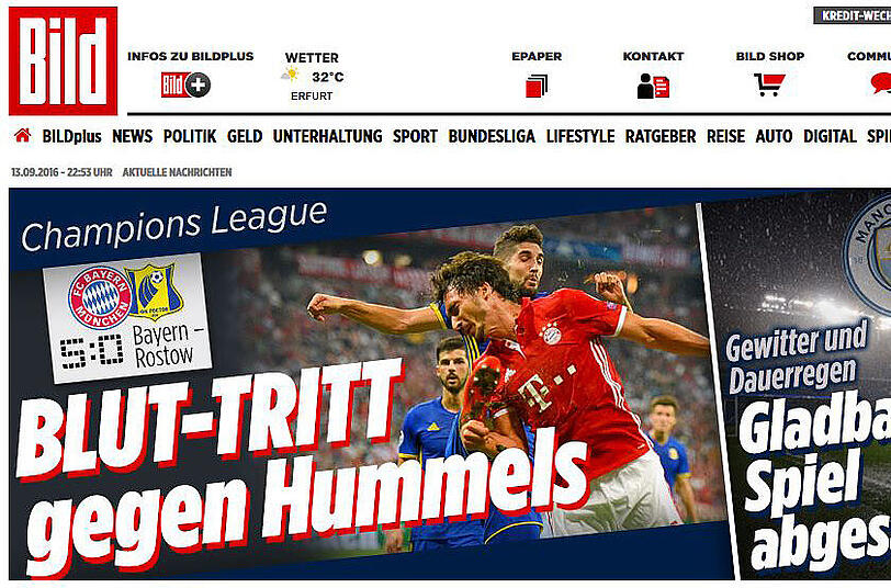 Der Bayern-Sieg wird für die Kollegen der Bild vor allem vom brutalen Foul an Mats Hummels in der 1. Halbzeit überschattet.