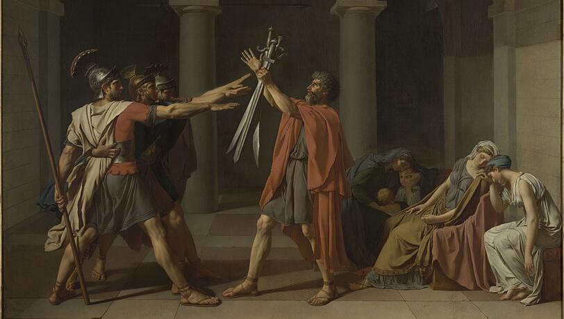 Superstrenger Klassizismus: Jacques-Louis Davids berühmter „Schwur der Horatier“ von 1784. Superstrenger Klassizismus: Jacques-Louis Davids berühmter „Schwur der Horatier“ von 1784.