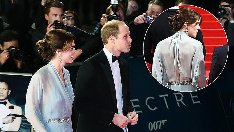 Bei der "Spectre"-Premiere in London strahlte Kate in einem pastellblauen Kleid von "Jenny Peckham". Untypisch für einen Royal: Die Herzogin trug offensichtlich keinen BH. Bei der "Spectre"-Premiere in London strahlte Kate in einem pastellblauen Kleid von "Jenny Peckham". Untypisch für einen Royal: Die Herzogin trug offensichtlich keinen BH.