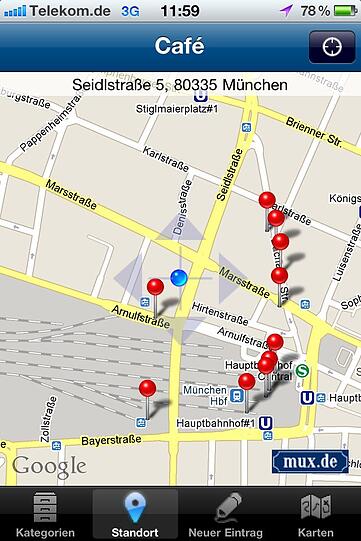 mux: Cafés und Schnickschnack
Ich geb&rsquo;s ja zu, die anderen Apps in dieser Leiste sehen spektakulärer aus. Bei mux.de (kostenlos) gibt&rsquo;s halt keinen Schnickschnack, dafür ist die App praktisch. Sie zeigt im Umkreis alles mögliche an, die Kategorien reichen von Cafés über Geldautomaten bis zu Schuhläden. Für den wahren Schnickschnack.
Christoph Landsgesell