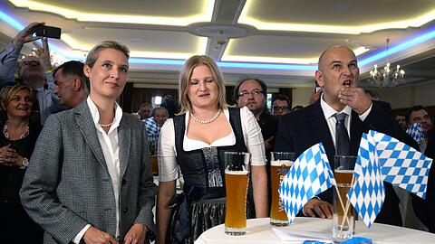 Verhaltene Freude in Mamming bei der AfD (v.l.): Bundestagsvorsitzende Alice Weidel, die stellvertretende Landesvorsitzende Katrin Ebner-Steiner und der Bundestagsabgeordnete Stephan Protschka beobachten die Wahlprognosen bei Weißbier.