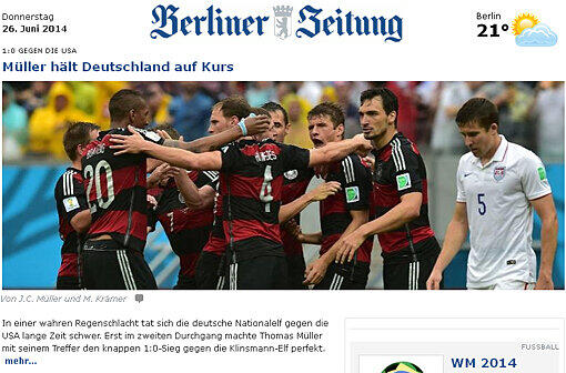 Bei der "Berliner Zeitung" sieht man Thomas Müller als Wegbereiter des deutschen Achtelfinaleinzugs.