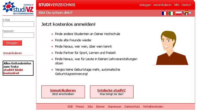Webseite des Studenten-Netwerks StudiVZ. Webseite des Studenten-Netwerks StudiVZ.