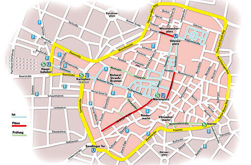 Die Fußgängerzone breitet sich aus: Geht&rsquo;s nach den Grünen kommen weitere Straßen hinzu &ndash; geplante (rot) und noch zu prüfende Bereiche (grün).