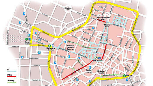 Die Fußgängerzone breitet sich aus: Geht’s nach den Grünen kommen weitere Straßen hinzu – geplante (rot) und noch zu prüfende Bereiche (grün). Die Fußgängerzone breitet sich aus: Geht’s nach den Grünen kommen weitere Straßen hinzu – geplante (rot) und noch zu prüfende Bereiche (grün).