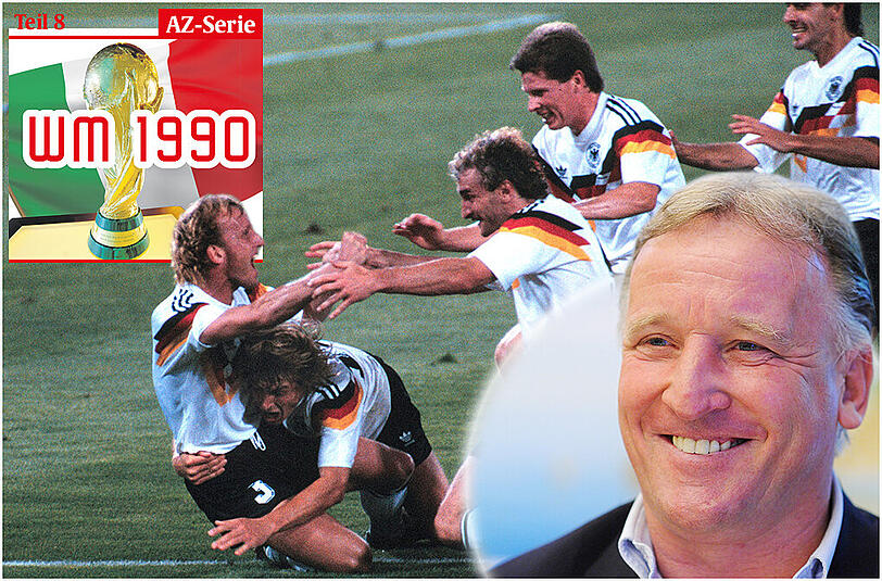 Der Jubel: Andreas Brehme wird von seinen Teamkollegen Jürgen Klinsmann, Rudi Völler, Stefan Reuter und Pierre Littbarski bestürmt.