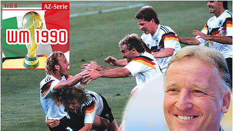 Der Jubel: Andreas Brehme wird von seinen Teamkollegen Jürgen Klinsmann, Rudi Völler, Stefan Reuter und Pierre Littbarski bestürmt.