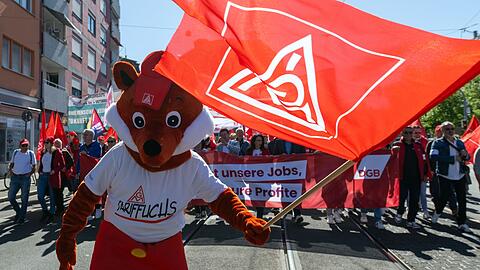 Ein "Tariffuchs" mit IG Metall Fahne bei der zentralen Maikundgebung der Gewerkschaften in N&uuml;rnberg.