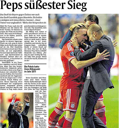 31. August/1.September:Gegen seinen Ehrzfeind José Mourinho, erneut beim FC Chelsea, zu gewinnen, war eine doppelte Genuttung für Guardiola: Der FC Bayern siegte in einem emotionalen und aufgeladenen Supercup-Finale erst im Elfmeterschießen gegen Chelsea. Ein wenig Balsam für&rsquo;s Finale dahoam 2012.
