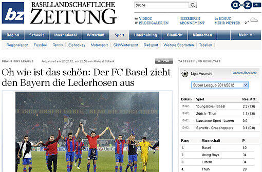 Die "Basellandschaftliche Zeitung" freut sich riesig: "Ein Wahnsinn. 1:0 gegen Bayern München. Was ist jetzt noch möglich? Alles? Auf jeden Fall sehr viel. Wer erst Manchester United aus der Champions League wirft und dann zu Hause gegen Bayern München 1:0 gewinnt, ohne dabei den Deutschen ihren Dusel zu stehlen, erntet absolute Hochachtung. Und das weltweit."