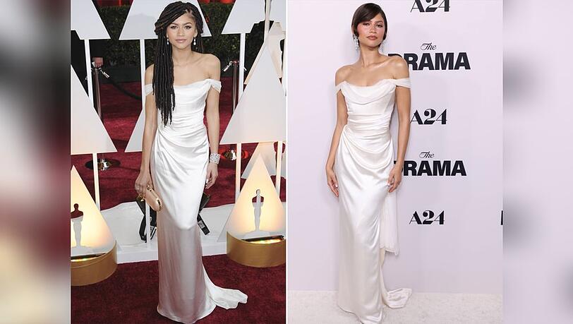 Zendaya erschien im selben Kleid bei den Oscars 2015 (l.) und zur "The Drama"-Filmpremiere 2026.