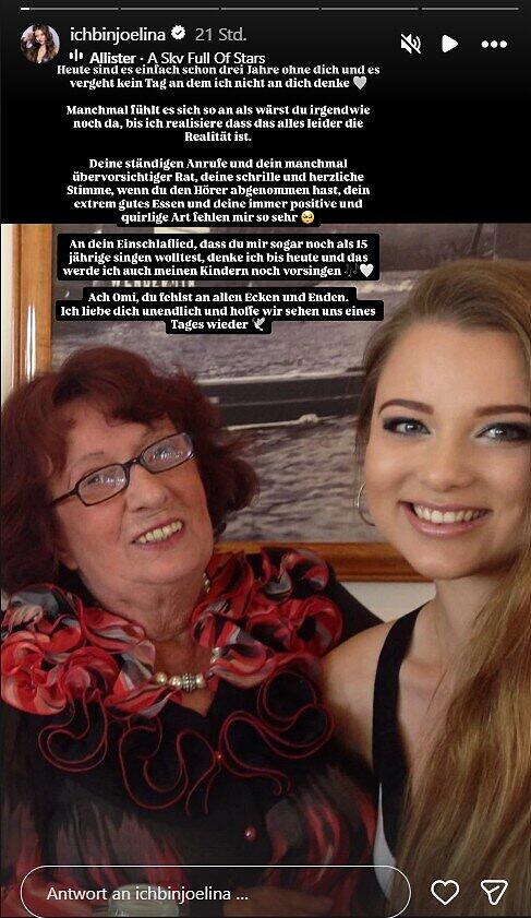 Via Instagram teilt Joelina Drews einen rührenden Text und ein gemeinsames Foto mit ihrer Großmutter. Die Mutter von Ramona Drews ist 2023 verstorben. Via Instagram teilt Joelina Drews einen rührenden Text und ein gemeinsames Foto mit ihrer Großmutter. Die Mutter von Ramona Drews ist 2023 verstorben.