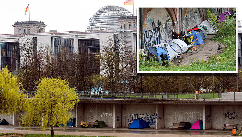 Direkt hinter dem Bundeskanzleramt campieren Obdachlose im Berliner Tiergarten. Direkt hinter dem Bundeskanzleramt campieren Obdachlose im Berliner Tiergarten.