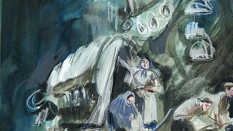 Die Mutter Courage war die Lebensrolle der Therese Giehse. Barbara Yelin skizziert diesen Auftritt vor dem Wagen der Marketenderin mit lockeren Konturen. Aquarellfarben sorgen für die Stimmung, die bei Yelin nie ganz eindeutig ist und Raum für Fantasie lässt.