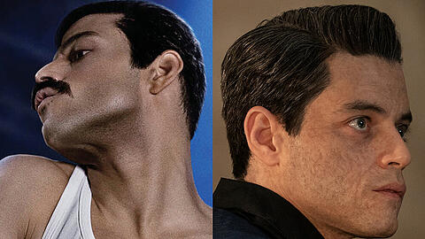 Rami Malek als Freddie Mercury (l.) in "Bohemian Rhapsody" und als Safin in "James Bond 007: Keine Zeit zu sterben"