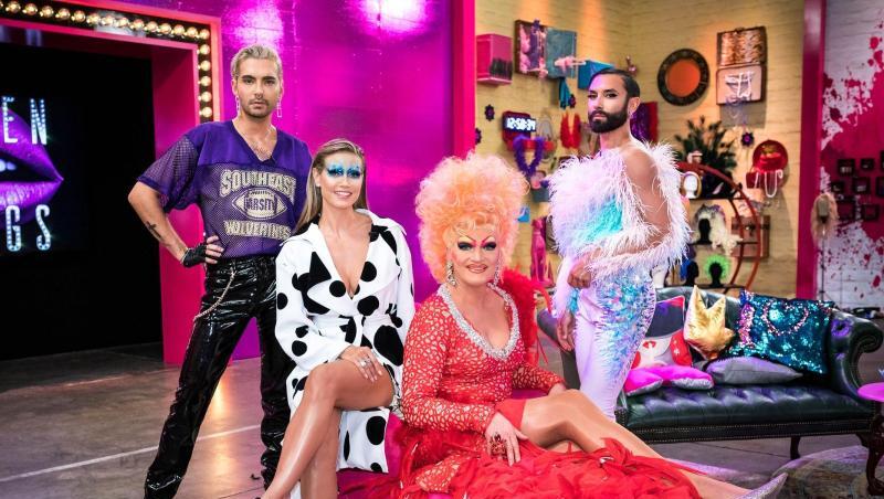 Olivia Jones (vorne) unterstützt Bill Kaulitz (hintere Reihe, l-r), Heidi Klum und Conchita Wurst in der Jury von "Queen of Drags". Olivia Jones (vorne) unterstützt Bill Kaulitz (hintere Reihe, l-r), Heidi Klum und Conchita Wurst in der Jury von "Queen of Drags".