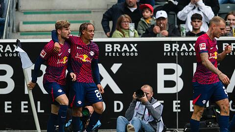 Leipzigs Torschütze Timo Werner (l-r), Xavi Simons und David Raum jubeln nach dem Treffer zur 1:0-Führung.