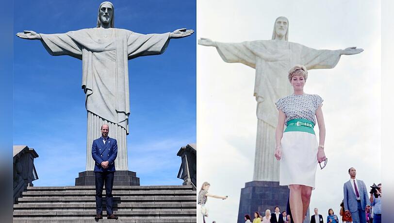 Prinz William heute, rechts Prinzessin Diana 1991 vor einem der bekanntesten Wahrzeichen Rio de Janeiros.