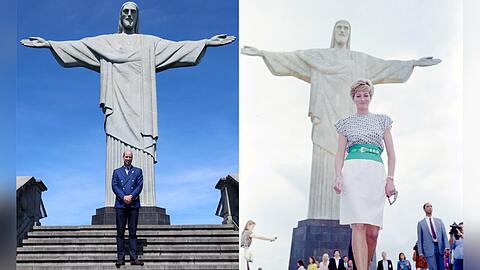 Prinz William heute, rechts Prinzessin Diana 1991 vor einem der bekanntesten Wahrzeichen Rio de Janeiros.