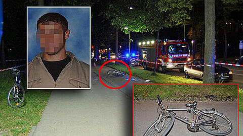 Brutaler Mord an der Isar. Domenico L. (kleines Bild) wird kaltblütig erstochen. Links im Bild: Das Fahrrad seiner Verlobten. Rechts hinten liegt Domenicos Radl am Boden. Daneben Blutspritzer.