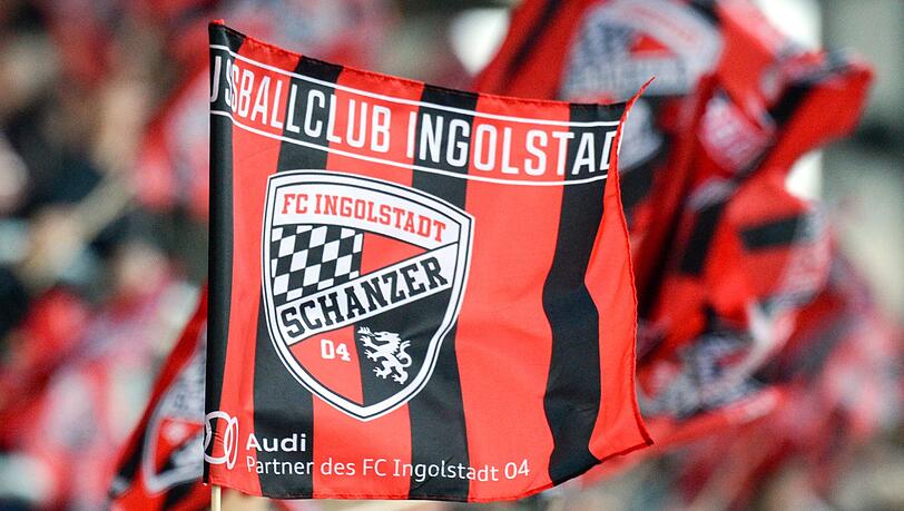 Fans von Ingolstadt winken mit Fahnen im Stadion.