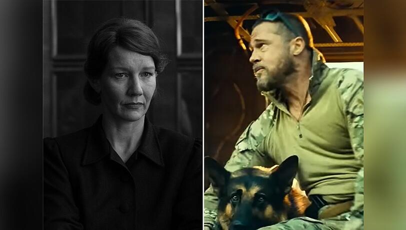 Sandra Hüller als Erika Mann und Mann mit Hund: "Vaterland" trifft auf "Eiserne Wildnis" mit Brad Pitt. Sandra Hüller als Erika Mann und Mann mit Hund: "Vaterland" trifft auf "Eiserne Wildnis" mit Brad Pitt.
