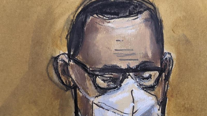 In dieser Skizze des Gerichtssaals hört R. Kelly zu, als der Vorsitzende der Jury das Urteil verliest.