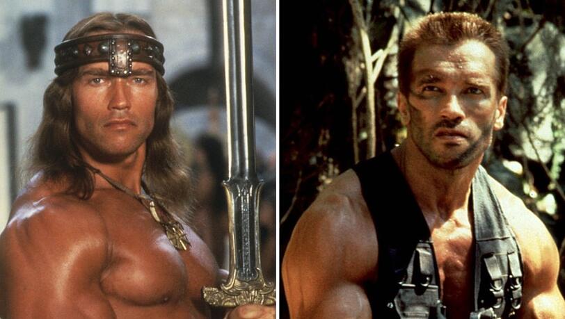 Arnold Schwarzenegger in zwei seiner ikonischsten Rollen: als "Conan der Barbar" (1982, li.) und in "Predator" (1987).