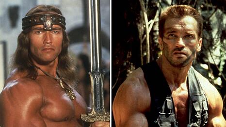 Arnold Schwarzenegger in zwei seiner ikonischsten Rollen: als "Conan der Barbar" (1982, li.) und in "Predator" (1987).