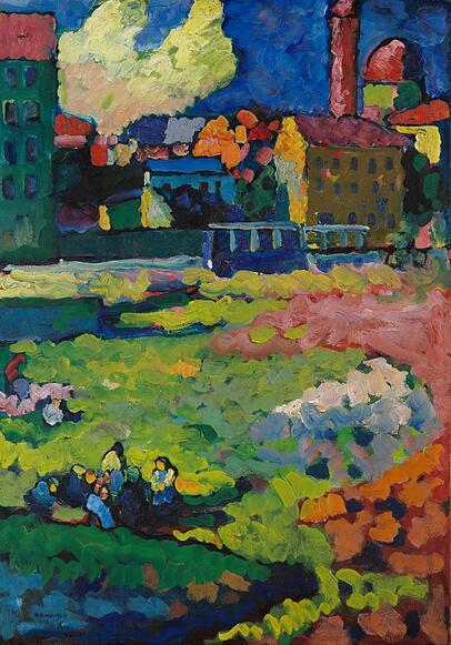 Wassily Kandinskys "Vor der Stadt" von 1908 besticht mit "typischen" Farben des "Blauen Reiters". Wassily Kandinskys "Vor der Stadt" von 1908 besticht mit "typischen" Farben des "Blauen Reiters".