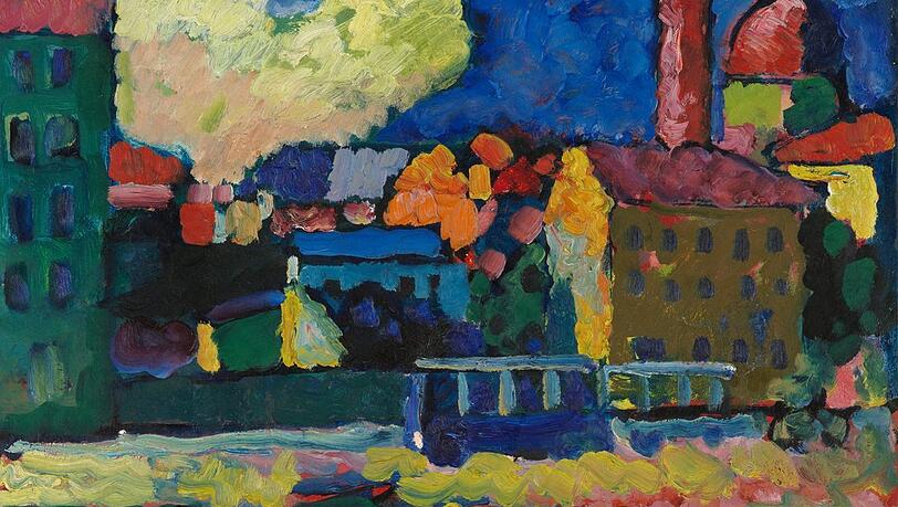 Wassily Kandinskys "Vor der Stadt" von 1908 besticht mit "typischen" Farben des "Blauen Reiters". Wassily Kandinskys "Vor der Stadt" von 1908 besticht mit "typischen" Farben des "Blauen Reiters".