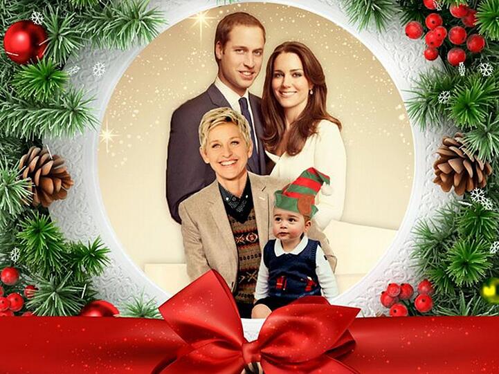 Ellen DeGeneres (u.li.) samt Prinz William (o.li.), Herzogin Kate und Prinz George auf einer Postkarte