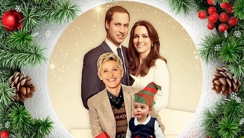 Ellen DeGeneres (u.li.) samt Prinz William (o.li.), Herzogin Kate und Prinz George auf einer Postkarte Ellen DeGeneres (u.li.) samt Prinz William (o.li.), Herzogin Kate und Prinz George auf einer Postkarte