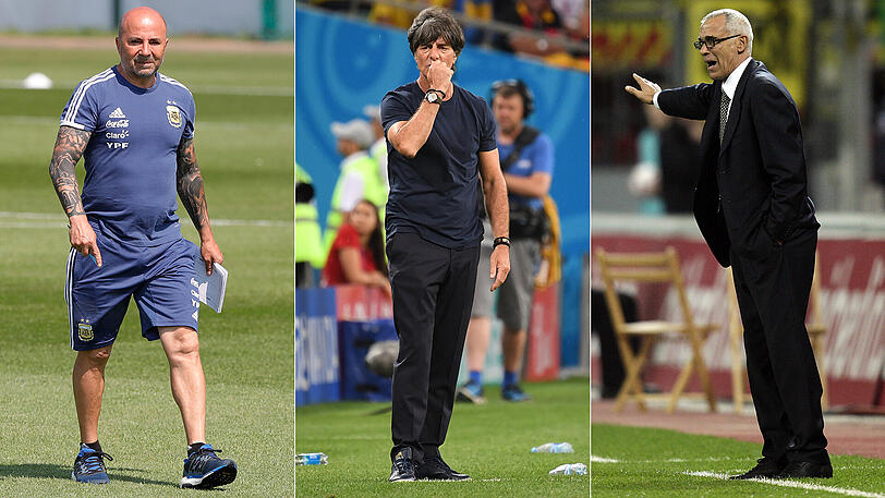 Jorge Sampaoli (links) scheint bei den Argentiniern bereits entmachtet, Joachim Löw (Mitte) soll weiter DFB-Cheftrainer bleiben - und Hector Cuper ist bei den Ägyptern schon raus.