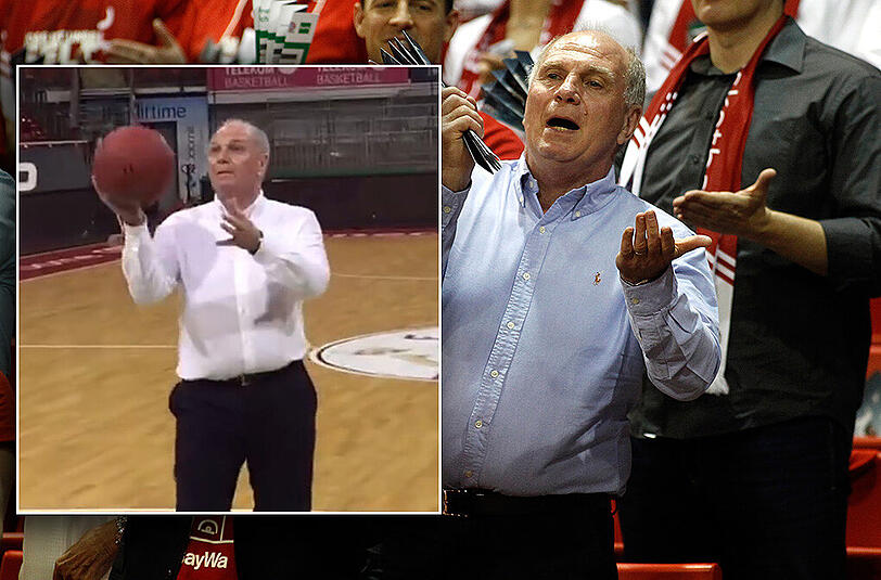 Im Audi Dome präsentierte Uli Hoeneß seine basketballerischen Fähigkeiten.