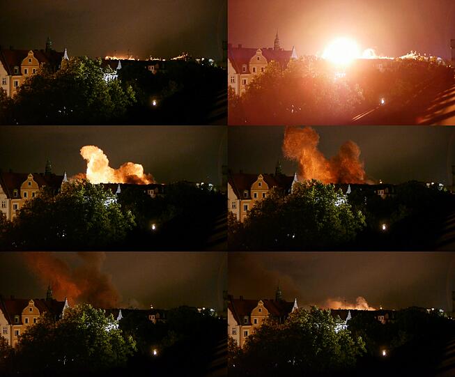 Ein Feuerball, Flammen und Rauch: Um 21.54 Uhr am Dienstag sprengen die Experten die Bombe. Die Filmaufnahmen von Simon Aschenbrenner gehen um die Welt.