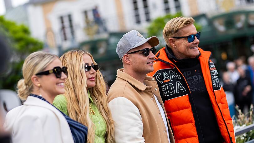 Die DSDS-Juroren Beatrice Egli, Loredana, Pietro Lombardi und Dieter Bohlen am Rande des Castings im Europa-Park.