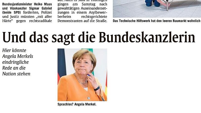 Leer: Der Artikel über die Rede der Kanzlerin auf der heutigen Seite 10 der AZ. Leer: Der Artikel über die Rede der Kanzlerin auf der heutigen Seite 10 der AZ.